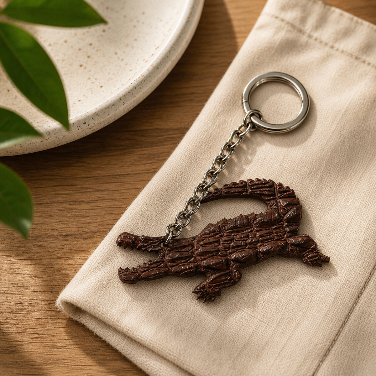 Chestnut brown Siamese crocodile leather key charm styled on natural linen over a wooden surface