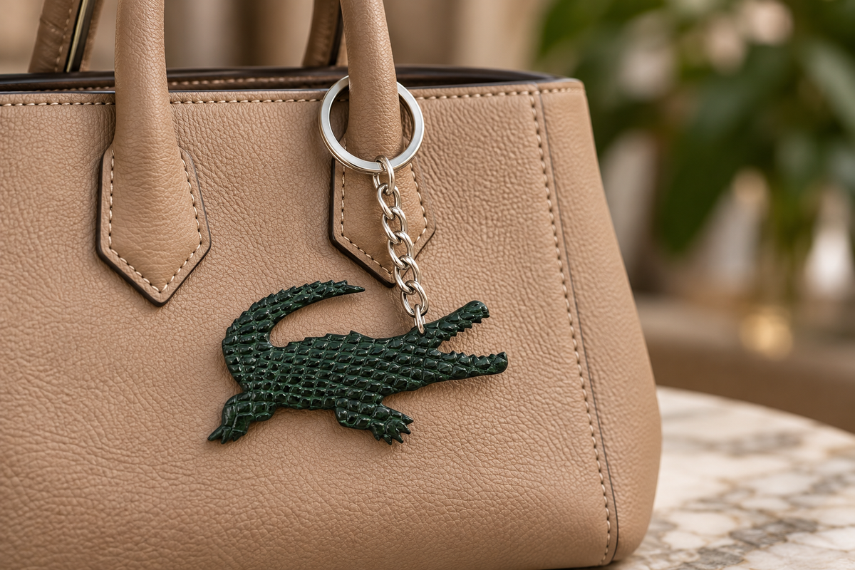 Green Siamese crocodile leather keychain styled as a bag charm on a taupe luxury handbag
