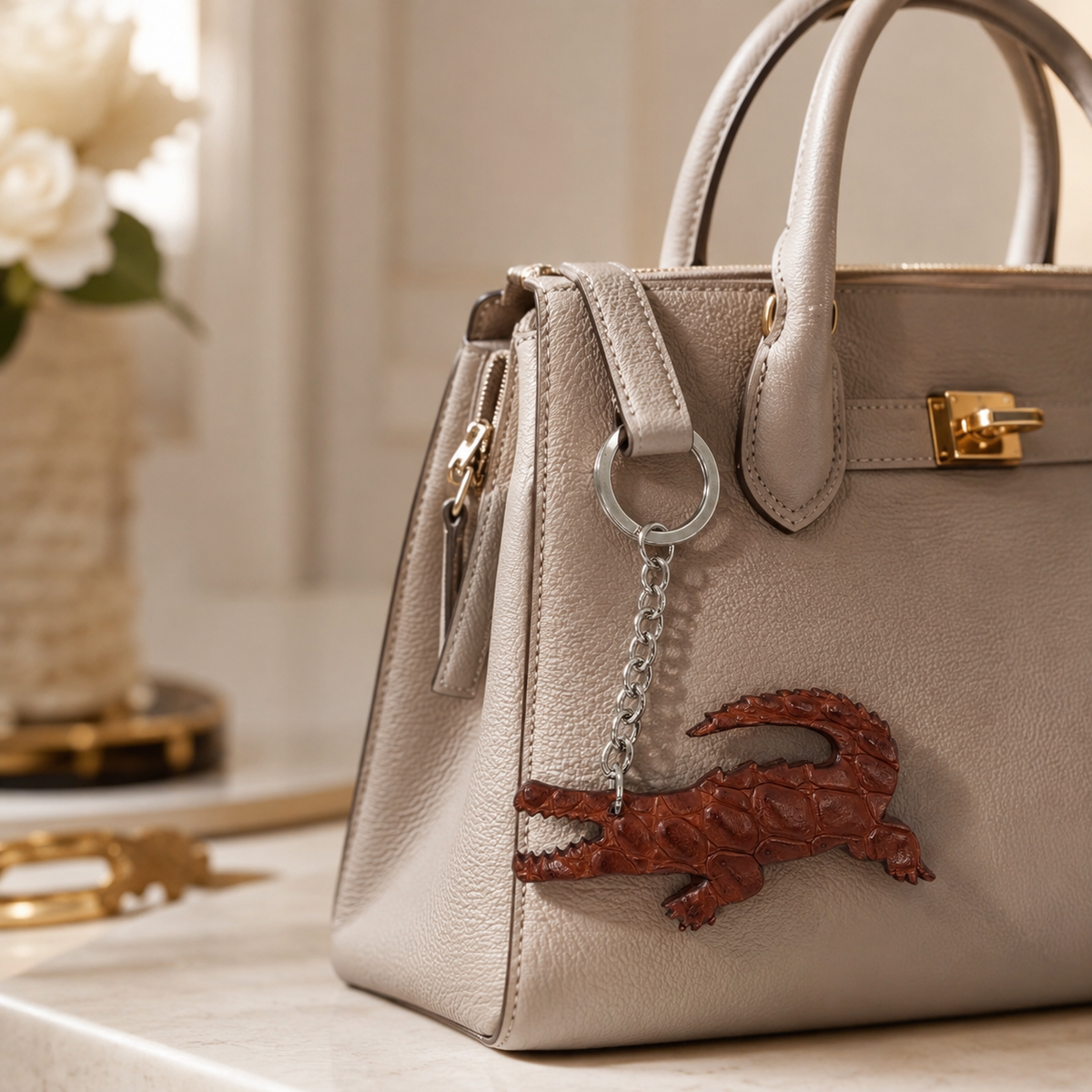 Mahogany brown Siamese crocodile leather key charm hanging from a taupe luxury handbag