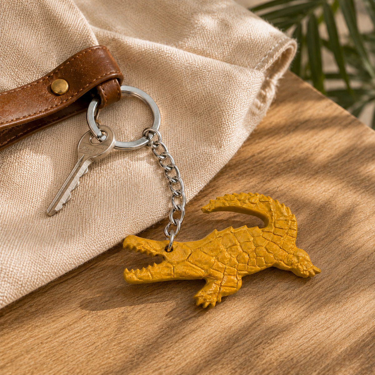 Mustard yellow Siamese crocodile leather key charm styled with a key on a wooden surface