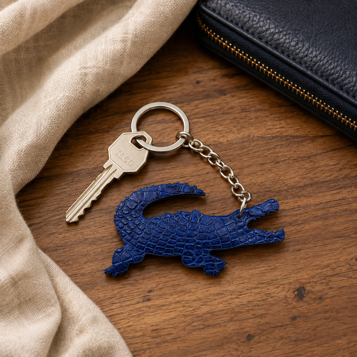 Royal blue Siamese crocodile leather key charm styled with a key on a wooden surface