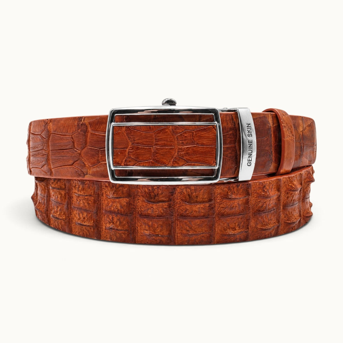 RIVER Westbourne Nile crocodile leather belt in Tannish Brown, featuring natural crocodile scales, a silver automatic buckle, and matching crocodile leather insert.