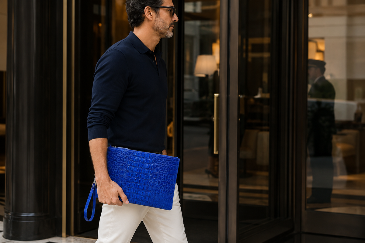 Royal blue crocodile leather clutch carried by a man outside a luxury hotel in a modern travel lifestyle setting