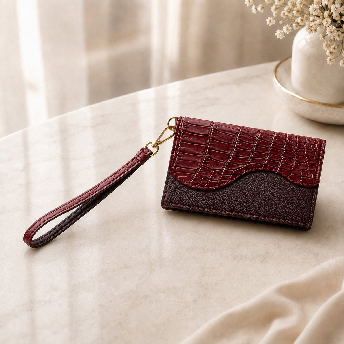 Burgundy Red Stanhope crocodile wrist strap with gold-tone clasp attached to a matching crocodile and leather wallet on a cream marble table.
