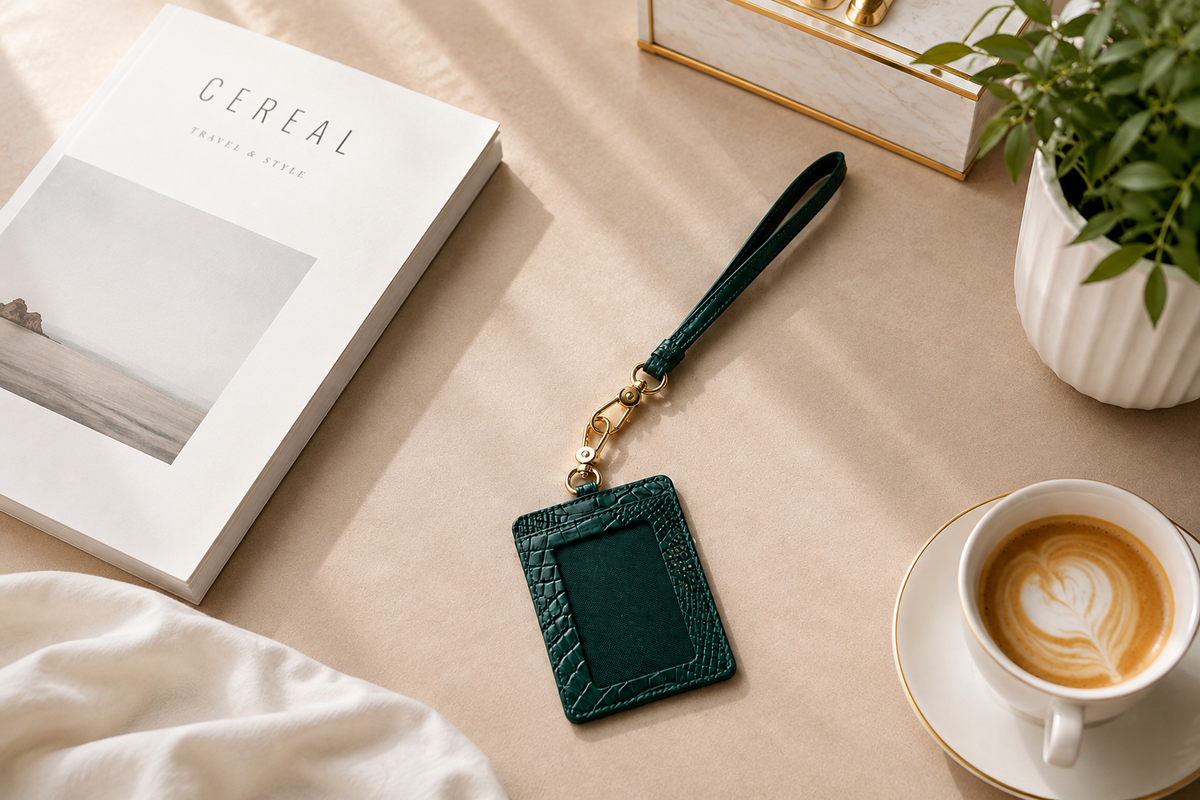 Emerald Green Stanhope crocodile wrist strap with gold-tone clasp attached to a matching crocodile ID holder in an elegant desk setting.