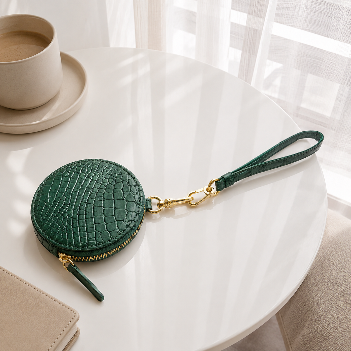 Emerald Green Stanhope crocodile wrist strap with gold-tone clasp attached to a matching round crocodile pouch on a white table.