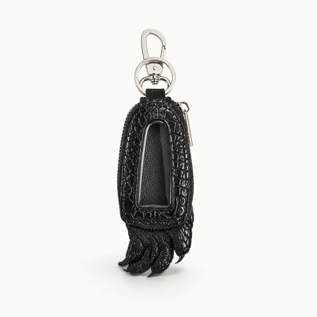 Black Siamensis crocodile leather car key case shown from the front with an empty clear window, silver hardware, and sculpted claw detail.