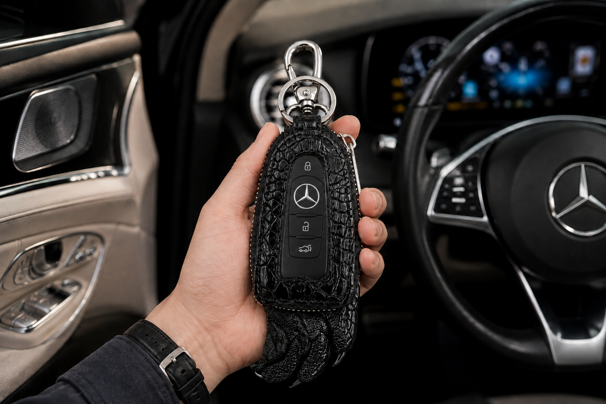 Black Siamensis crocodile leather car key case with Mercedes remote held inside a luxury car interior.