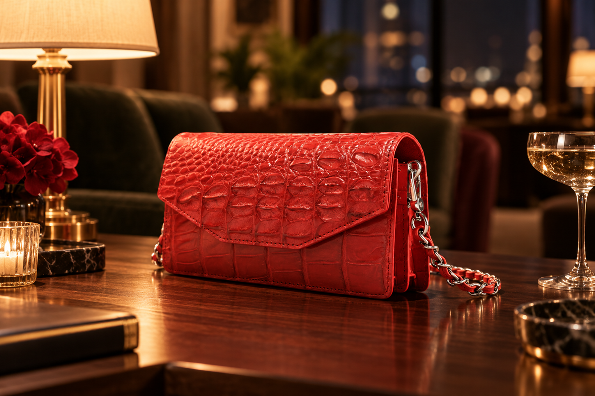 The Chelsea red Siamese crocodile leather shoulder bag with silver-tone chain displayed on a polished wooden table in a luxurious evening lounge.