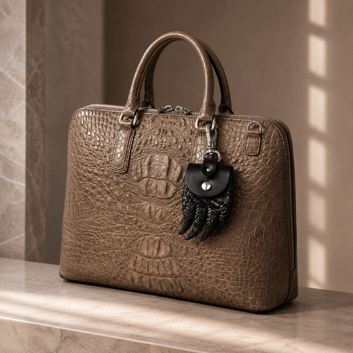 The Claw Crocodile Coin Pouch attached to a taupe crocodile briefcase in a luxury interior setting