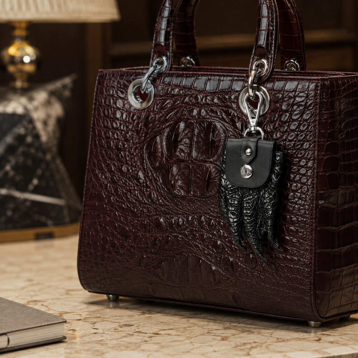 The Claw Crocodile Coin Pouch attached to a burgundy crocodile handbag with polished silver hardware in a luxury interior.