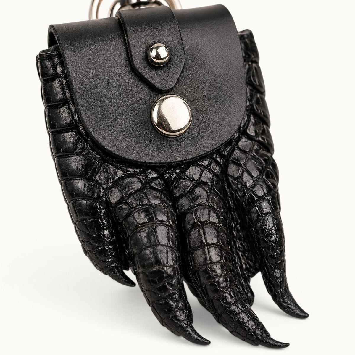 Close-up of The Claw Crocodile Coin Pouch showing natural crocodile scales, claw texture, leather flap, and silver hardware