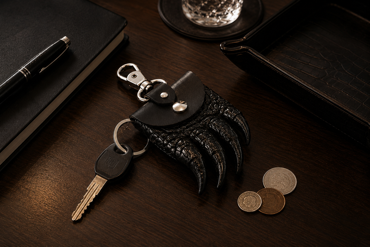 The Claw Crocodile Coin Pouch with a key and coins on a dark wood desk