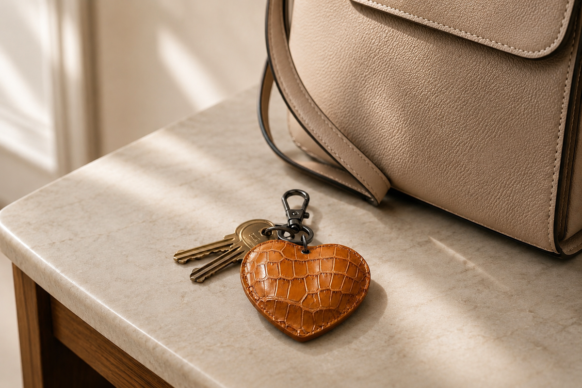Cognac Siamese crocodile leather Heart Key Charm attached to keys beside a taupe luxury handbag on a softly lit stone console.