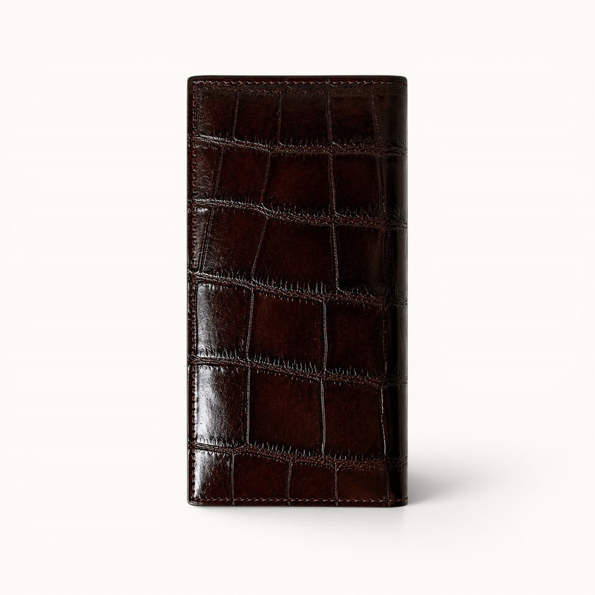 Back view of The Kingsley Crocodile Long Wallet handcrafted from genuine crocodile leather in Imperial Mahogany.