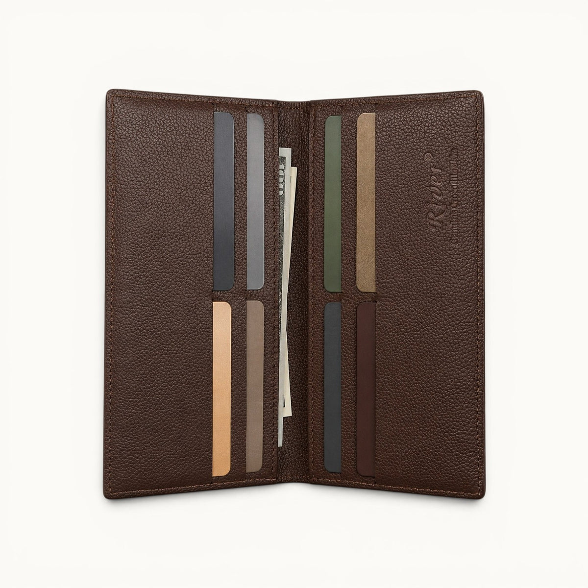 The Kingsley Crocodile Long Wallet in Imperial Mahogany showcasing premium leather interior, eight card slots, and full-length cash compartments with cards and currency inserted.