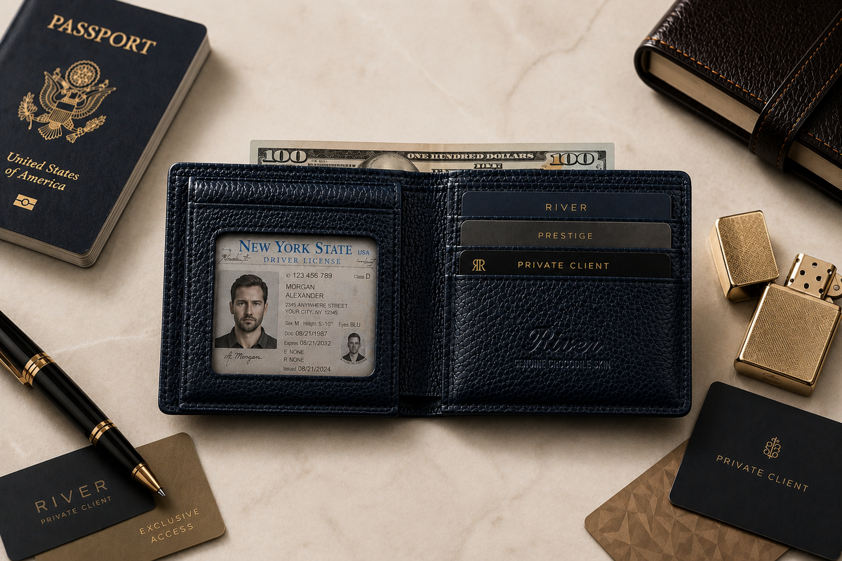 The Monarch genuine Siamese crocodile bifold wallet in Deep Midnight Blue displayed open on a light marble surface with cards, cash, and an ID, highlighting refined organization and timeless luxury.