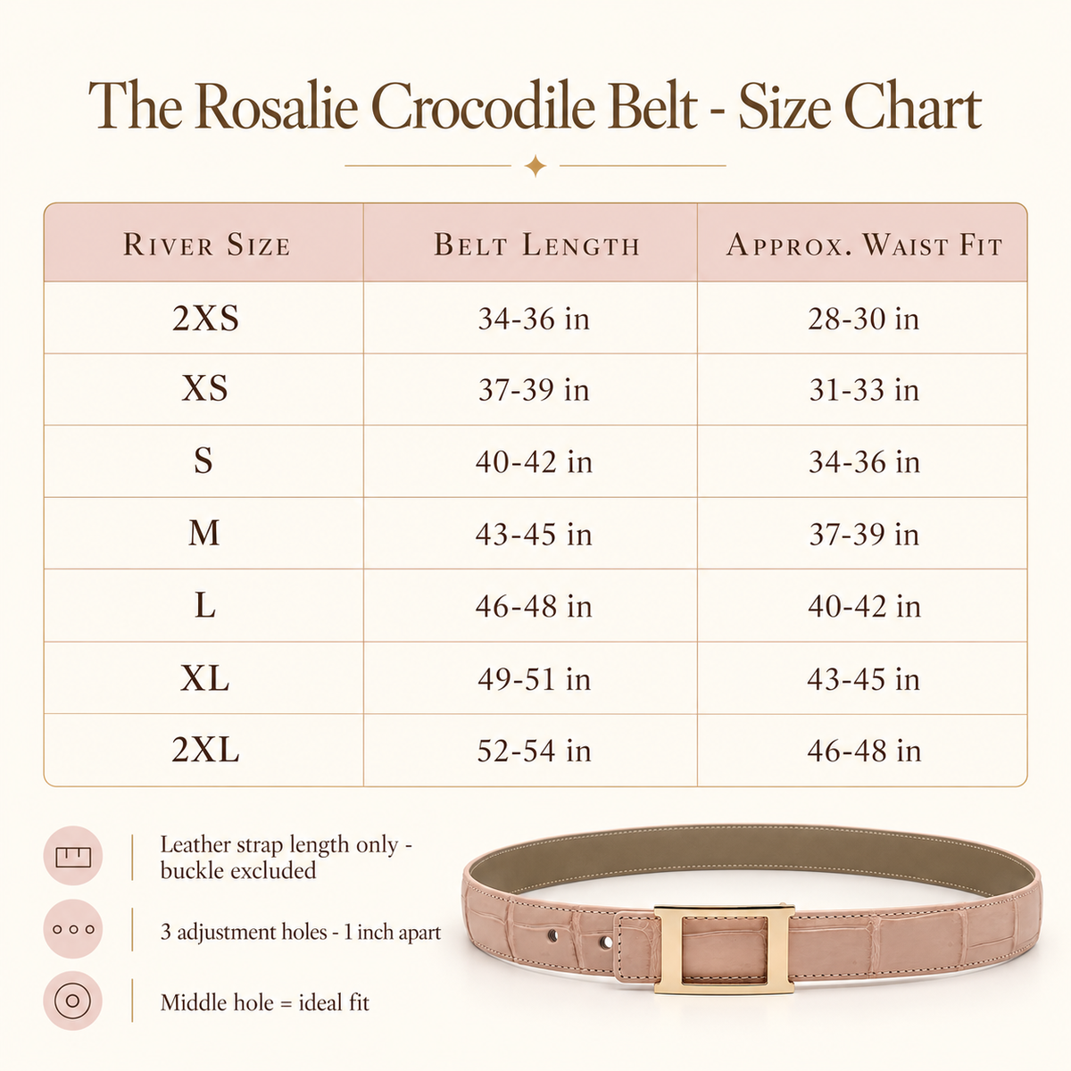 River size chart for The Rosalie Crocodile Belt in Blush Pink, showing belt lengths, approximate waist fit, and the genuine crocodile belly leather belt with its rectangular gold-tone brass buckle.