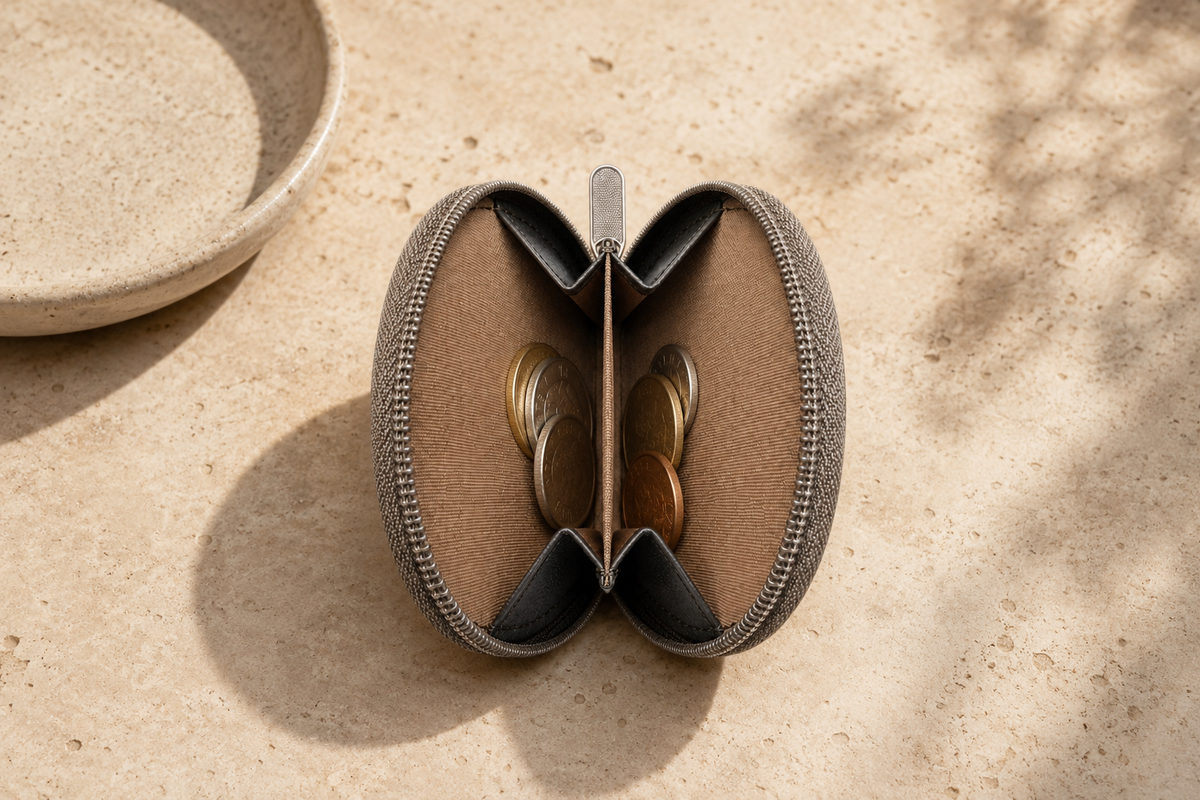 Open interior view of The Sovereign taupe green caiman leather coin pouch with dual compartments, fabric lining, coins, and a secure zip-around closure.