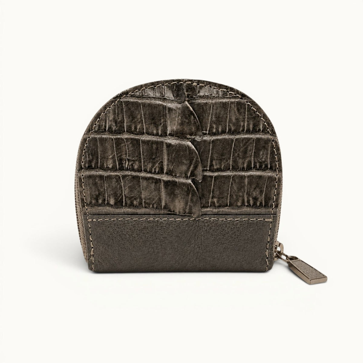 Back view of The Sovereign taupe green crocodile leather card and coin wallet featuring three exterior card slots, natural rectangular scales, and a silver-tone zipper pull.