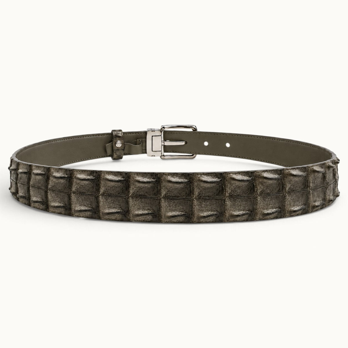 Rear view of The Waverly Crocodile Belt showing two-row Siamese crocodile backstrap, Taupe Green full-grain leather lining, and silver-tone buckle construction.
