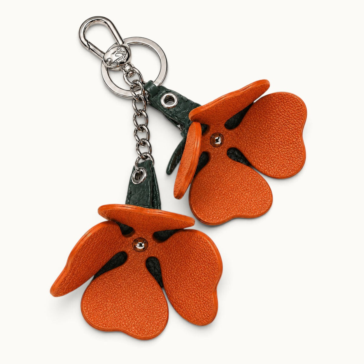 Interior view of the Burnt Orange Valencia crocodile flower charm showing cow leather lining and petal construction