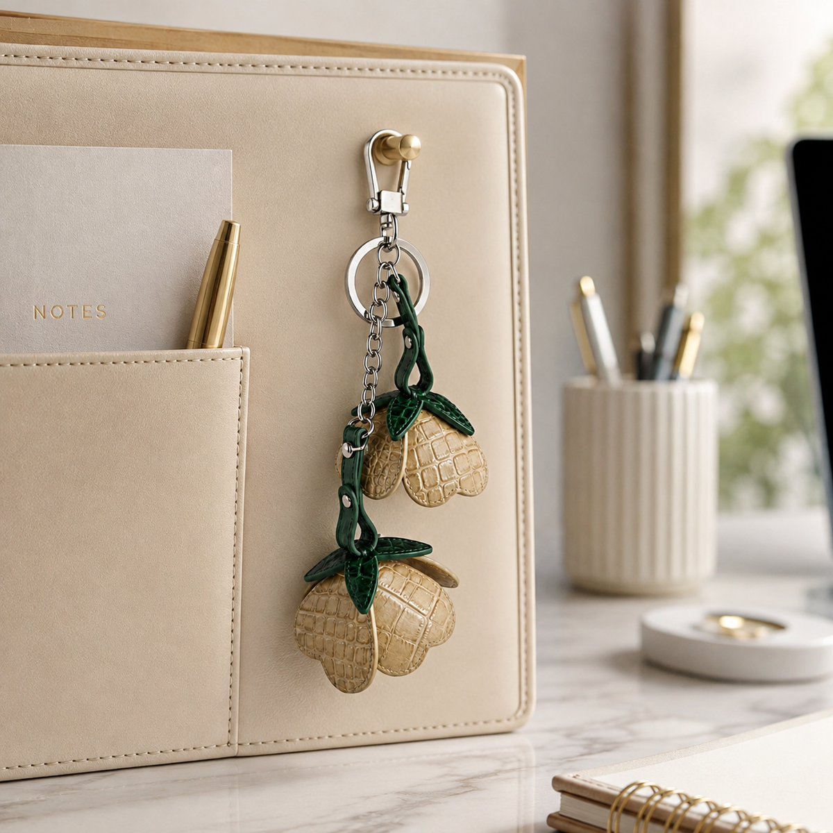 Desert Gold Valencia crocodile flower charm hanging from a luxury cream home office organizer