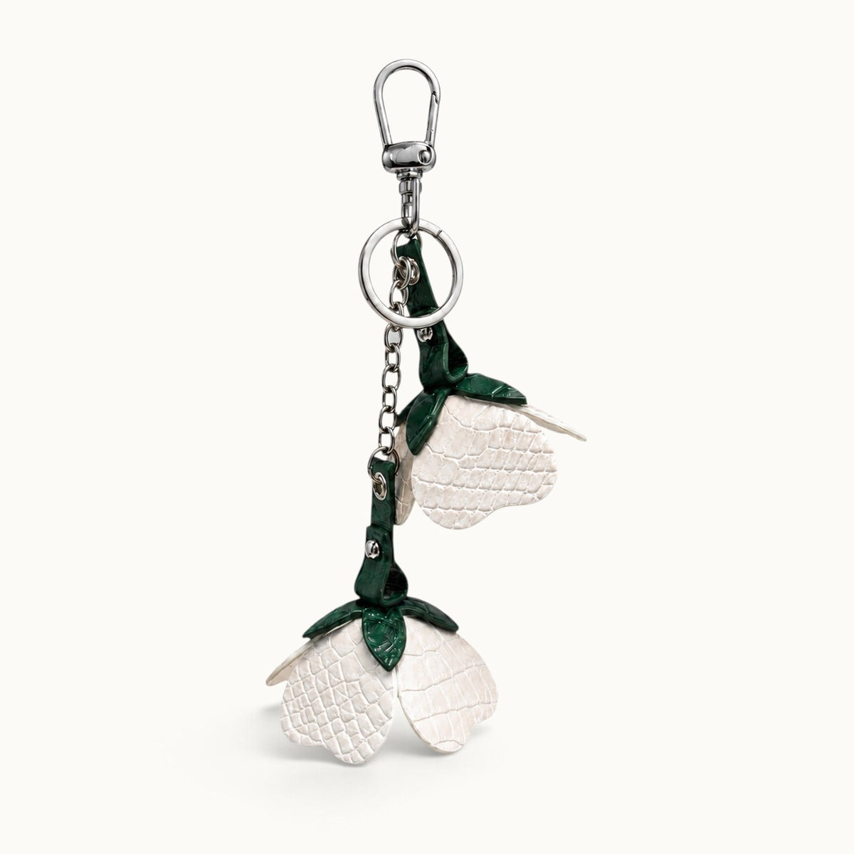 Pearl White Valencia crocodile flower charm with dark green crocodile leather leaves and polished silver-tone hardware
