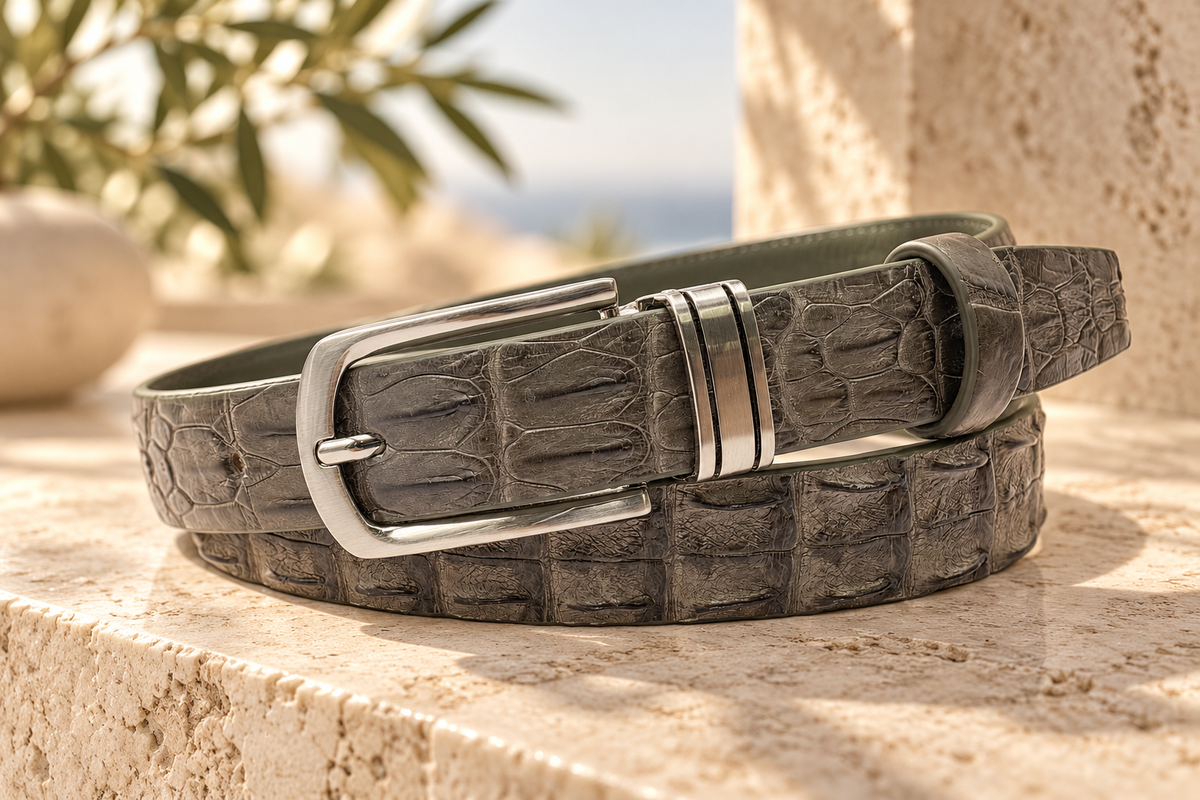 The Waverly taupe green genuine crocodile leather women's belt displayed on natural travertine stone, showcasing distinctive scales, matching leather keeper, and silver-tone buckle.